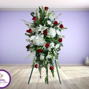 Pedestal Fúnebre de Rosas Rojas y Lirios Blancos - Lágrimas de Consuelo